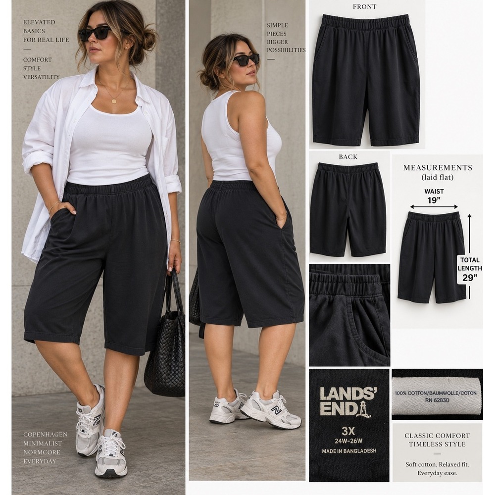 Lands' End 3X 24W 26W Black Cotton Long Bermuda Shorts Pull On Normcore Scandi